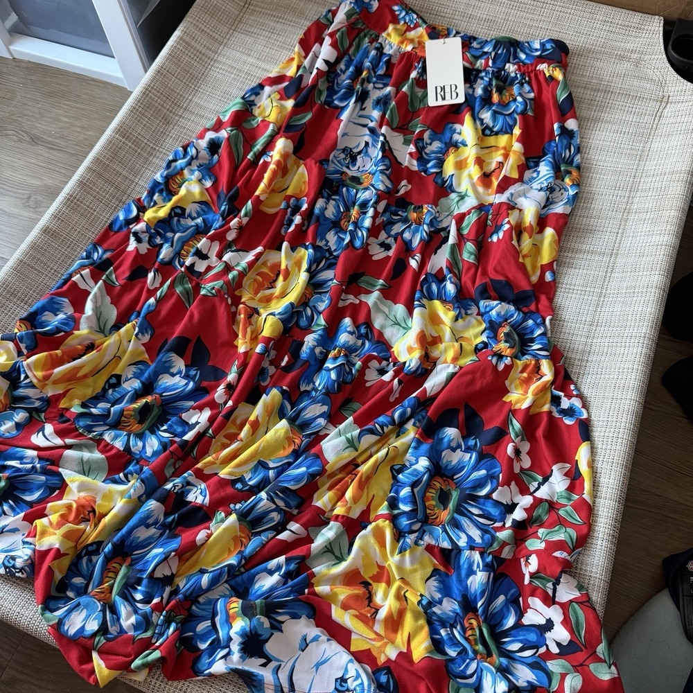 REB DOLLS Maxi Skirt Red Blue Multicolor Garden Floral Print Large 10-12 NEW